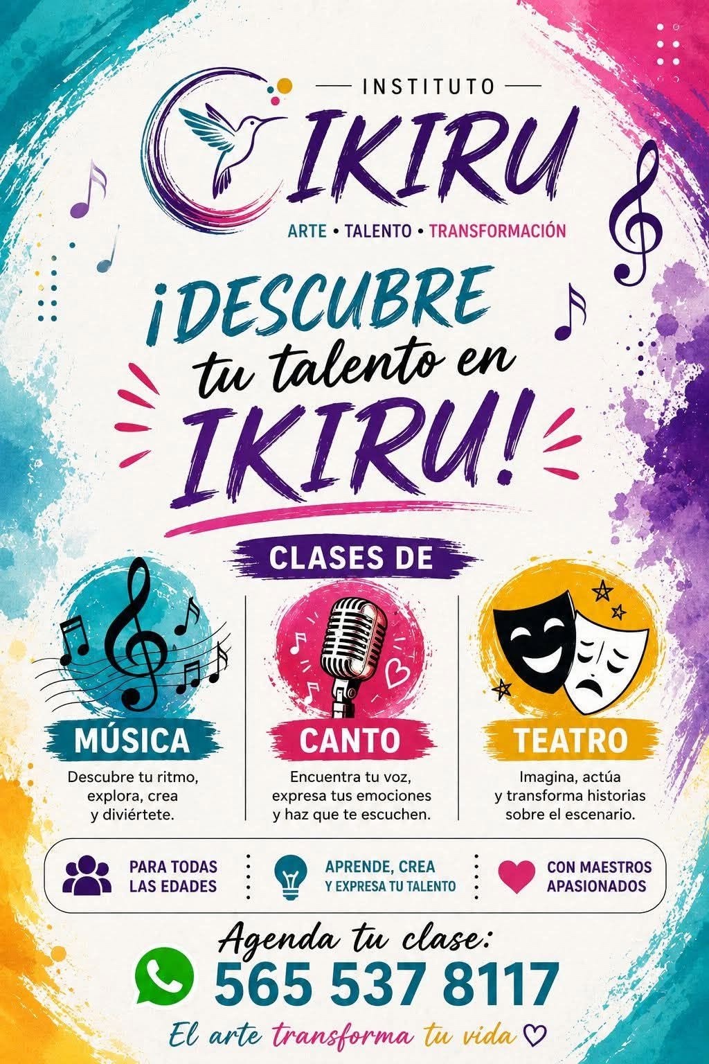 Cartel de Instituto IKIRU con clases de música, canto y teatro